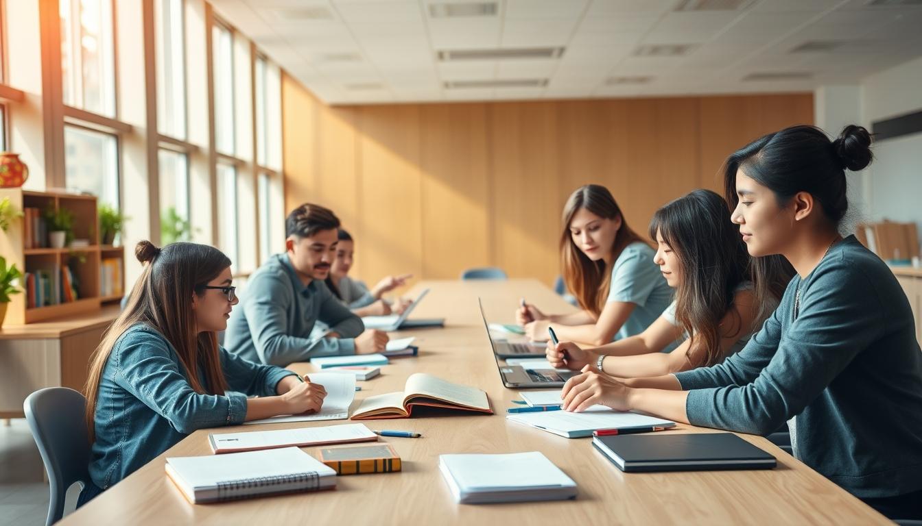 Students collaborating in a research laboratory
